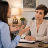 Woman politely listening to someone vent while feeling emotionally drained at work.