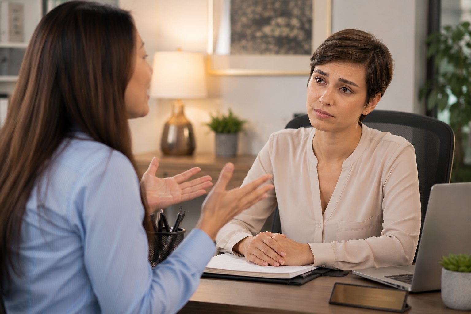 Woman politely listening to someone vent while feeling emotionally drained at work.
