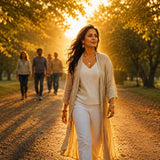 a woman walking confidently forward in golden light while others remain behind her, representing spiritual growth and outgrowing old relationships.