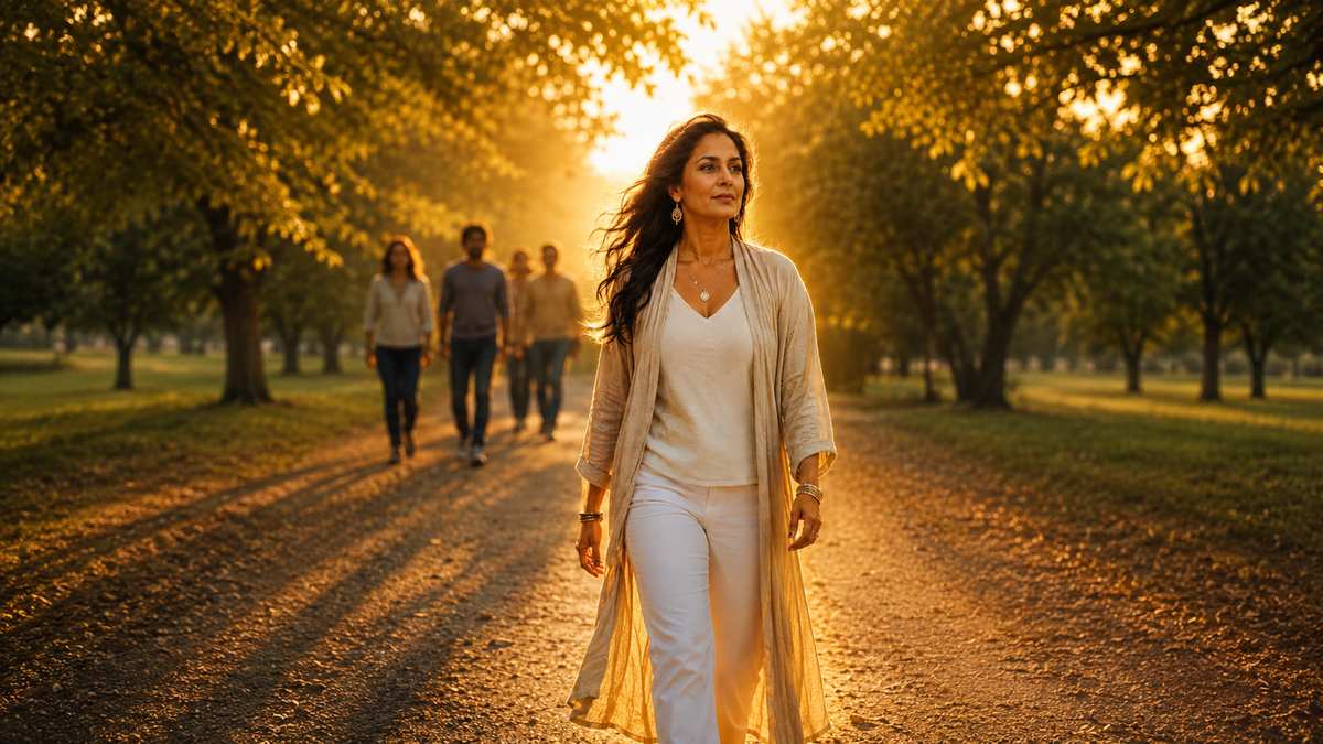 a woman walking confidently forward in golden light while others remain behind her, representing spiritual growth and outgrowing old relationships.