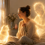 Woman sensing the loving spiritual presence of a deceased man and cat surrounded by warm golden light, representing connection with loved ones and pets after death.