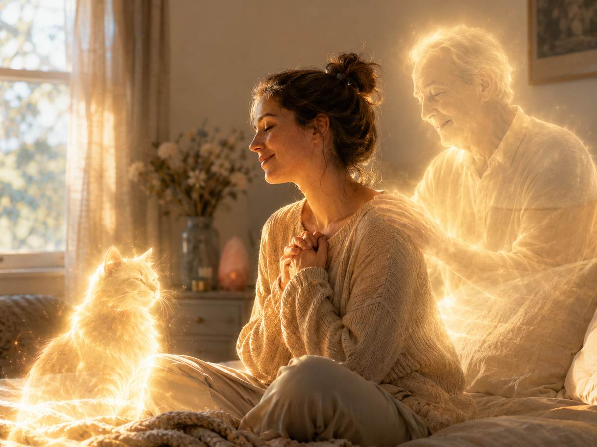 Woman sensing the loving spiritual presence of a deceased man and cat surrounded by warm golden light, representing connection with loved ones and pets after death.