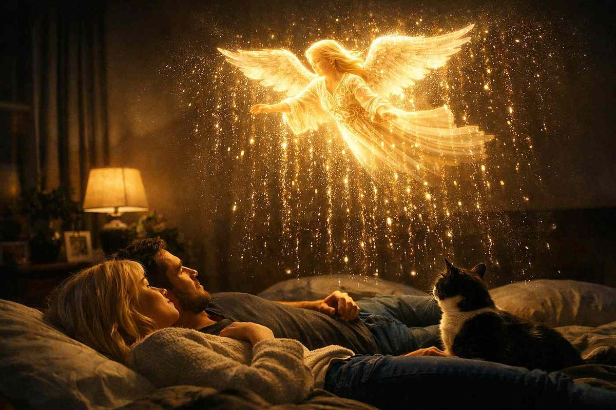 A radiant angelic figure surrounded by soft light, representing a personal spiritual experience of peace, unconditional love, and divine presence.