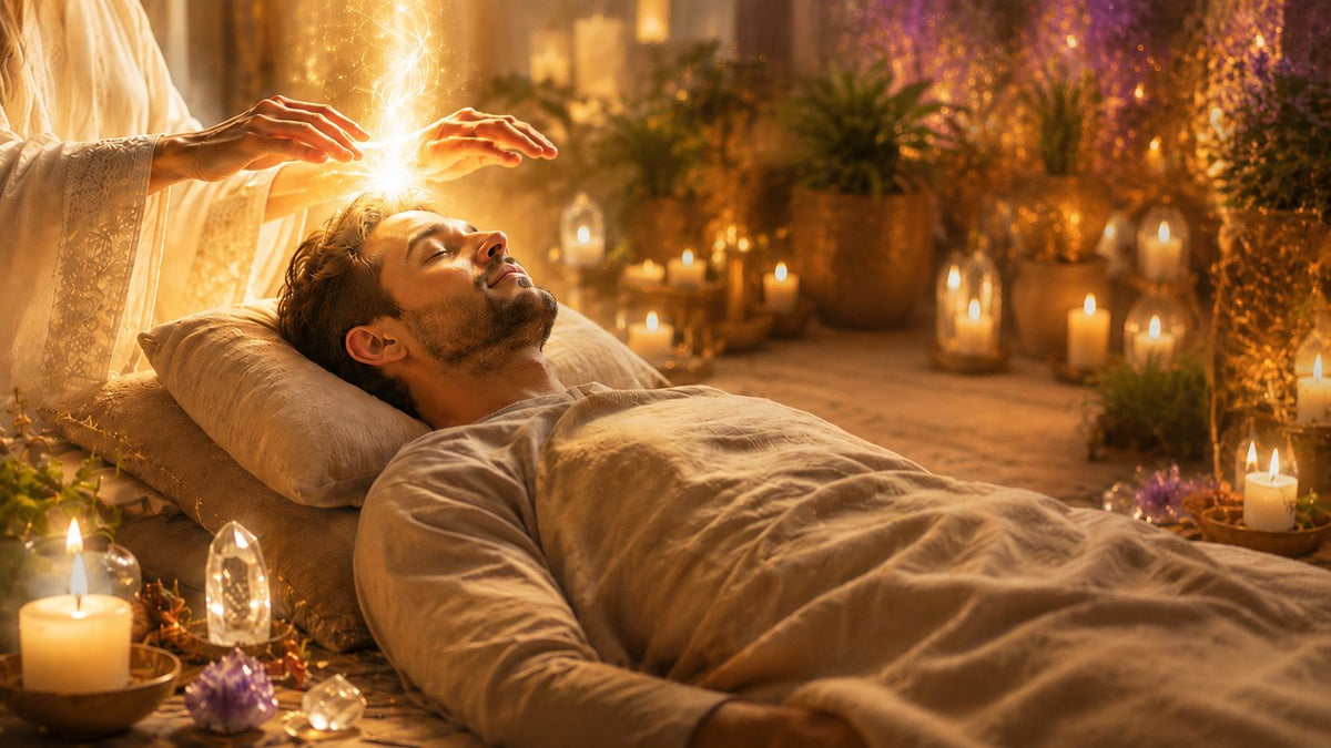A Reiki practitioner gently providing a peaceful healing session while the recipient relaxes comfortably in a calm, welcoming environment.