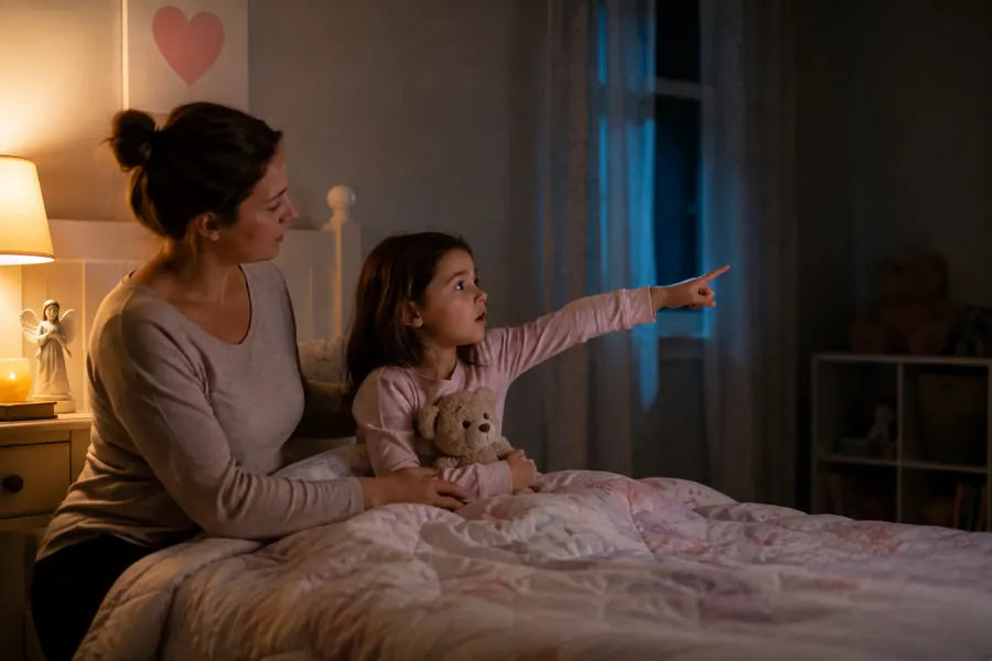 Parent sitting calmly beside a child in bed as the child points toward something unseen in the room, representing children sensing ghosts, energy, or intuitive phenomena.