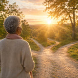 Older woman standing peacefully at a softly lit branching path symbolizing possible turning points and transitions in life.