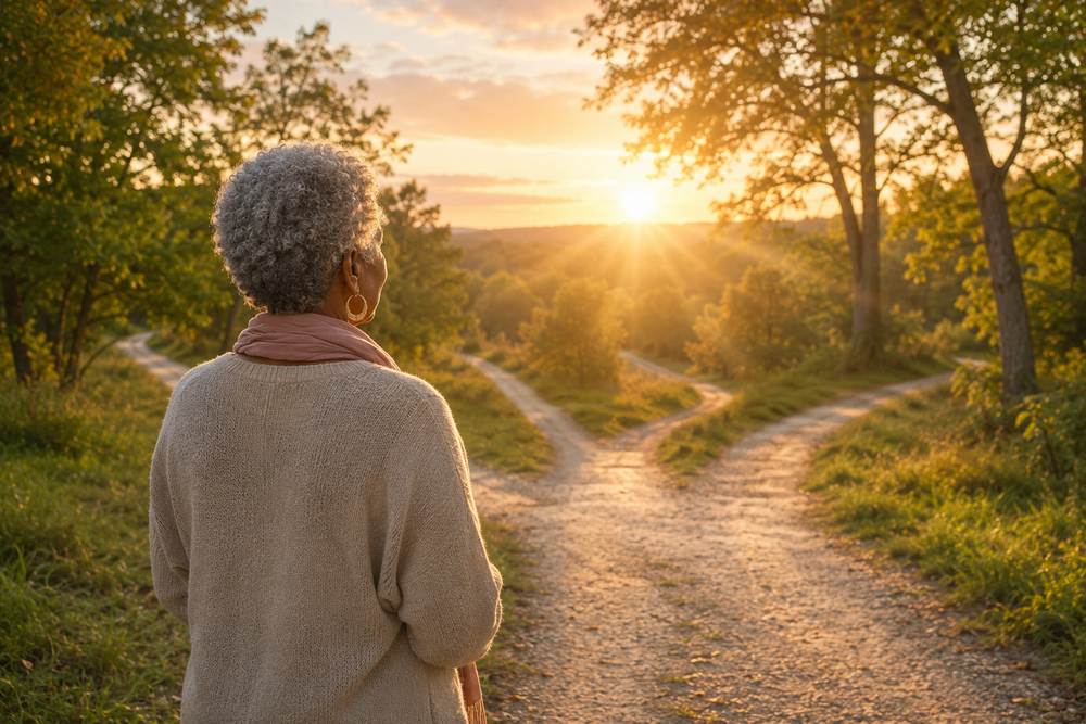 Older woman standing peacefully at a softly lit branching path symbolizing possible turning points and transitions in life.