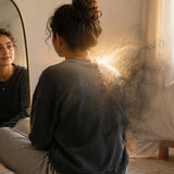 Person using Reiki and energy hygiene as dark energy near the shoulder dissolves into soft white and golden light.