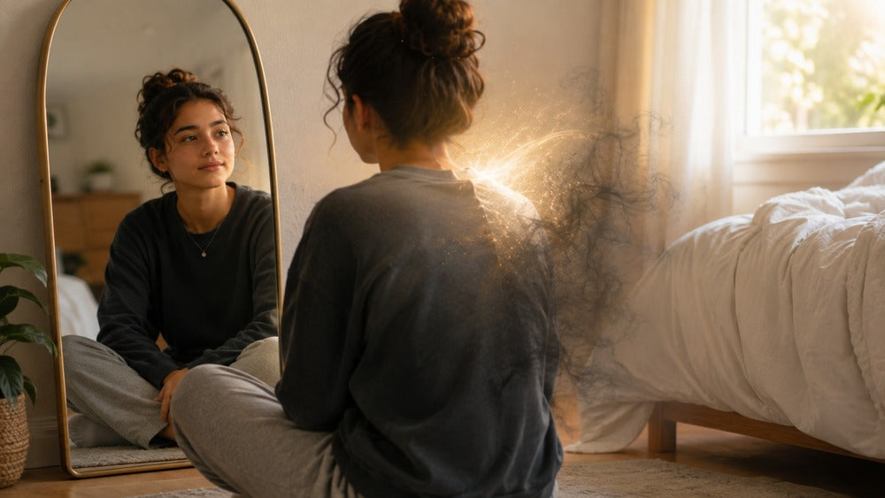 Person using Reiki and energy hygiene as dark energy near the shoulder dissolves into soft white and golden light.