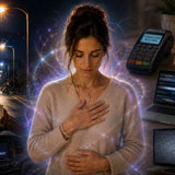 A person standing near flickering street lights and electronic devices, representing the possible connection between personal energy, intuition, and electronics.