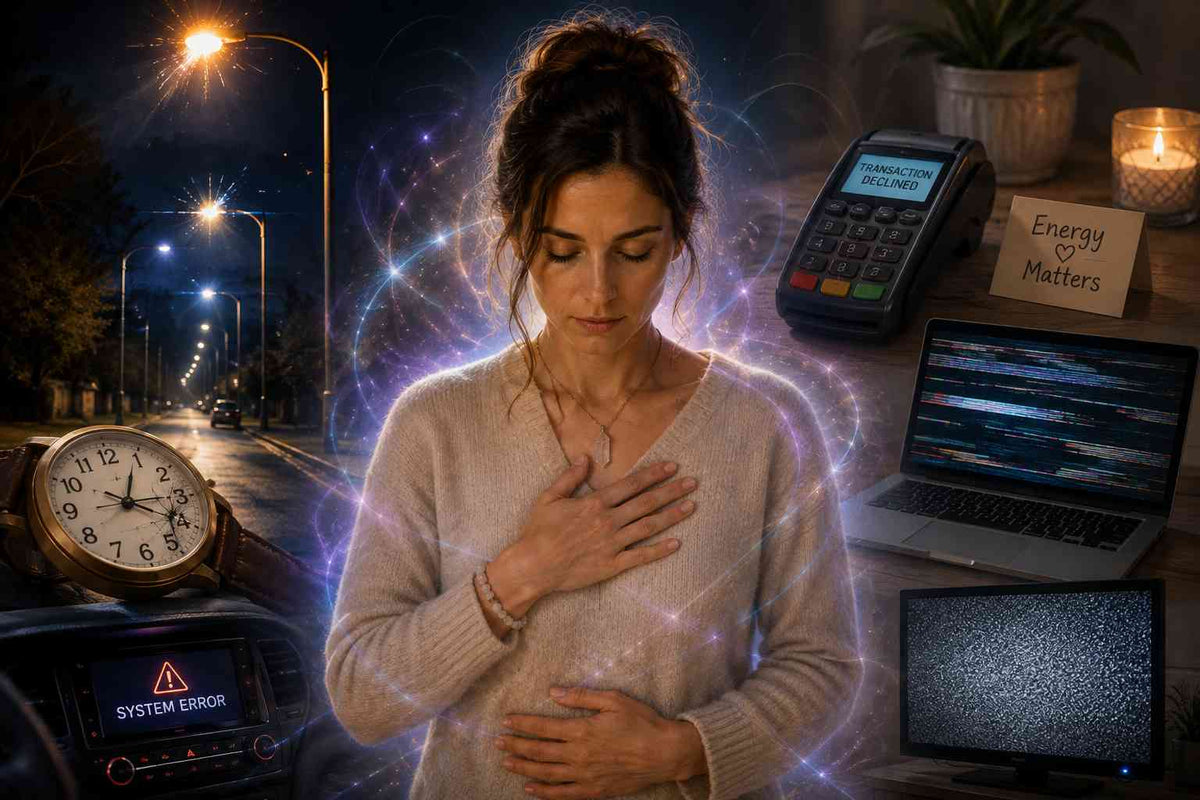 A person standing near flickering street lights and electronic devices, representing the possible connection between personal energy, intuition, and electronics.