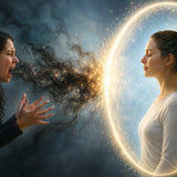 Calm person protected by a strong bright aura as swirling fear energy from another person breaks apart before reaching them, representing fear transference and Energy Hygiene.