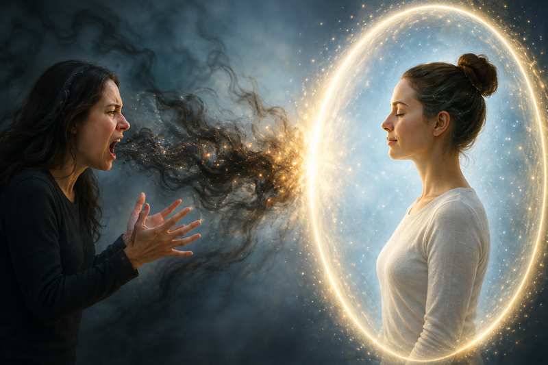 Calm person protected by a strong bright aura as swirling fear energy from another person breaks apart before reaching them, representing fear transference and Energy Hygiene.