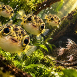 Cute dwarf puffer fish swimming in the foreground of a planted aquarium while a weakened plecostomus with damaged fins rests in the background.