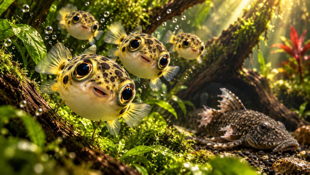 Cute dwarf puffer fish swimming in the foreground of a planted aquarium while a weakened plecostomus with damaged fins rests in the background.