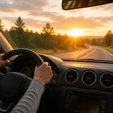 A person driving along a peaceful road at sunrise while feeling calm, present, and connected to their intuitive insights.