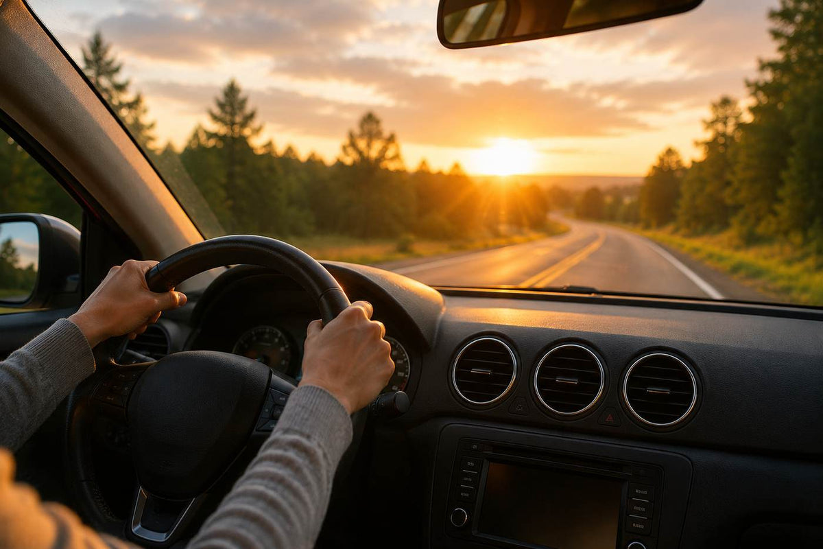 A person driving along a peaceful road at sunrise while feeling calm, present, and connected to their intuitive insights.