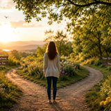 Woman standing at a fork in a peaceful nature path, choosing between signs representing draining people and patterns or personal growth and peace.