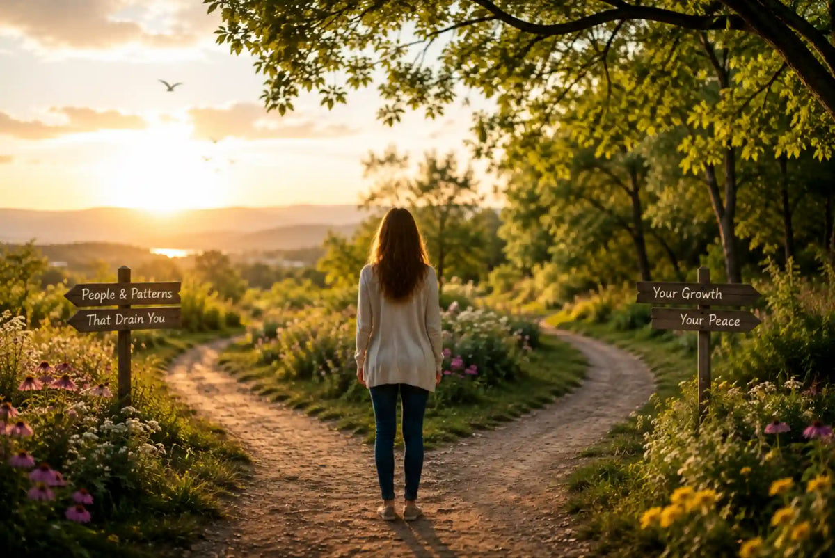 Woman standing at a fork in a peaceful nature path, choosing between signs representing draining people and patterns or personal growth and peace.
