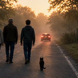 A black cat quietly following behind three people during an early morning walk in the dark, symbolizing intuition, perception, and unexpected moments of clarity.