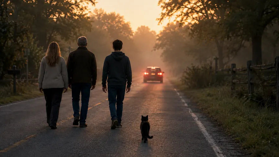 A black cat quietly following behind three people during an early morning walk in the dark, symbolizing intuition, perception, and unexpected moments of clarity.