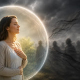 A peaceful person surrounded by soft protective light while practicing Reiki and Energy Hygiene to maintain healthy energetic boundaries.