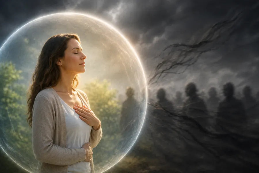 A peaceful person surrounded by soft protective light while practicing Reiki and Energy Hygiene to maintain healthy energetic boundaries.