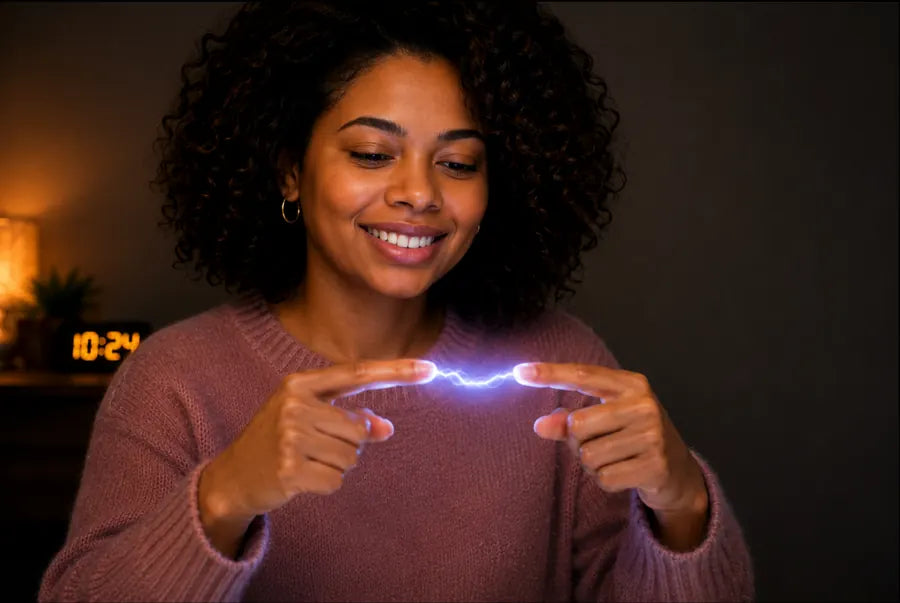 A person observing the subtle shimmering energy surrounding their hands while practicing a Reiki aura exercise in a dimly lit room.