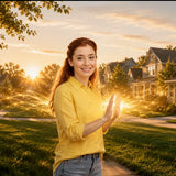 A peaceful residential neighborhood surrounded by trees, symbolizing energy hygiene, property clearing, and creating a harmonious environment through Reiki.