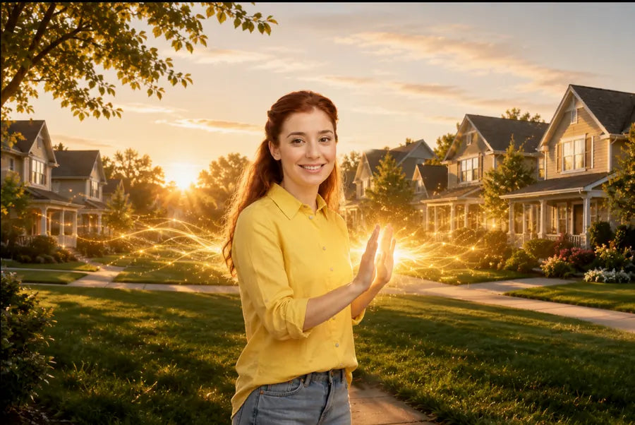 A peaceful residential neighborhood surrounded by trees, symbolizing energy hygiene, property clearing, and creating a harmonious environment through Reiki.