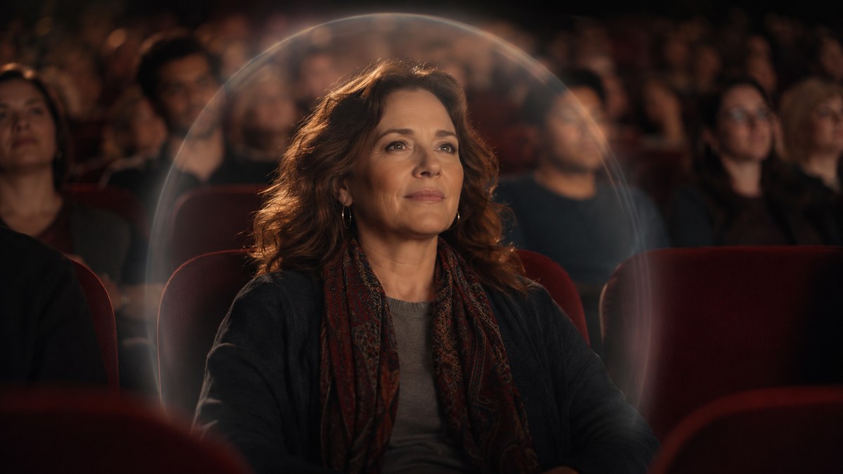 Highly intuitive woman using energetic protection while sitting in a crowded movie theater.
