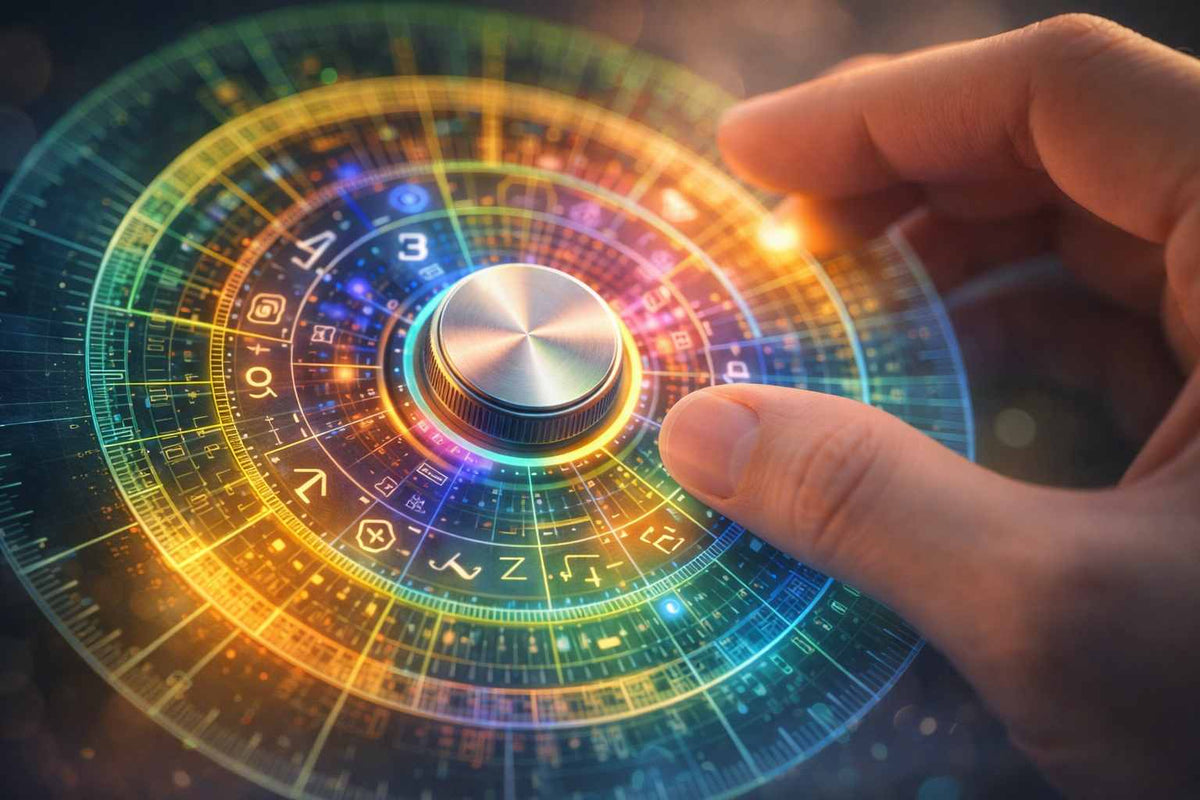 A hand gently adjusting a glowing circular dial representing the ability to increase or decrease intuitive sensitivity.