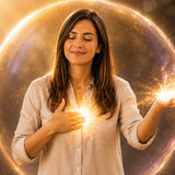 Woman surrounded by a glowing golden protective energy bubble while practicing Reiki and Energy Hygiene. 