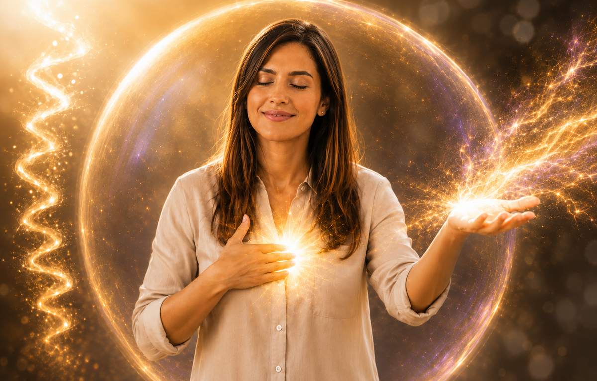 Woman surrounded by a glowing golden protective energy bubble while practicing Reiki and Energy Hygiene. 