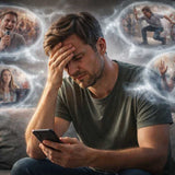 Man looking distressed while holding his phone as unwanted memories and uncomfortable social moments appear around him, representing recurring cringe thoughts.