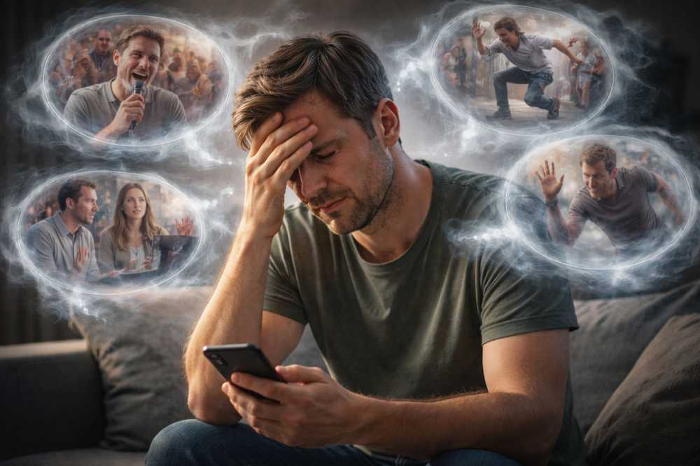 Man looking distressed while holding his phone as unwanted memories and uncomfortable social moments appear around him, representing recurring cringe thoughts.