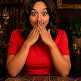 A woman reacting with surprise while practicing intuitive card reading, illustrating the uncertainty and excitement that can accompany developing psychic abilities.