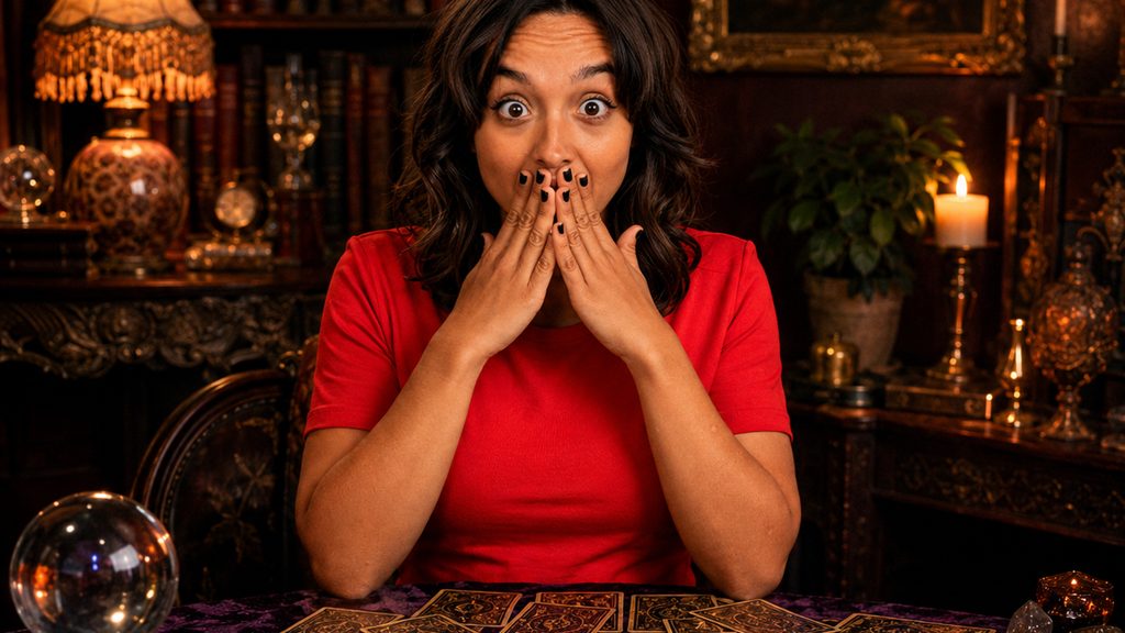 A woman reacting with surprise while practicing intuitive card reading, illustrating the uncertainty and excitement that can accompany developing psychic abilities.