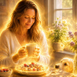 Woman channeling Reiki into her morning drink and food while sitting with her dog, showing how Reiki can become part of everyday life.