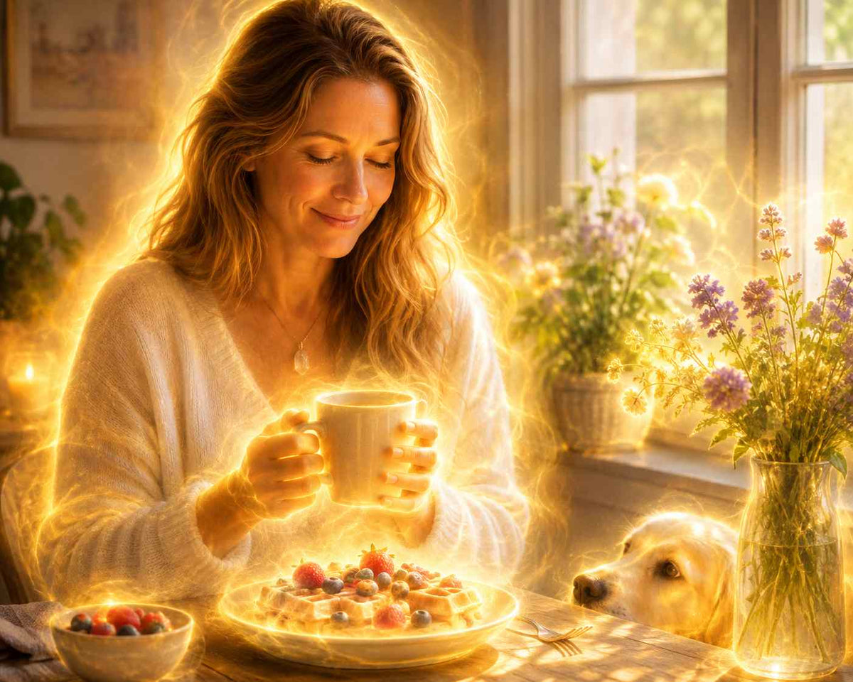 Woman channeling Reiki into her morning drink and food while sitting with her dog, showing how Reiki can become part of everyday life.