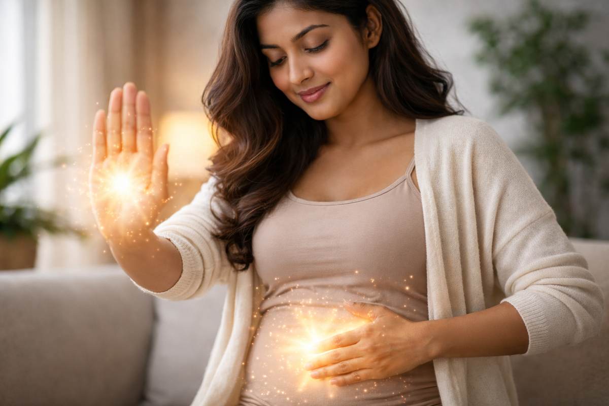 Woman practicing Reiki with one hand raised and the other resting over her lower abdomen as glowing Reiki energy surrounds her hands.