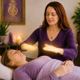 Person practicing Reiki with hands resting over the body, representing learning to channel Reiki comfortably without cranial pressure or nausea.