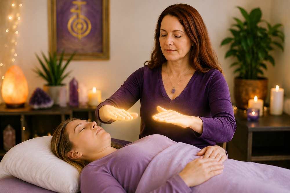 Person practicing Reiki with hands resting over the body, representing learning to channel Reiki comfortably without cranial pressure or nausea.