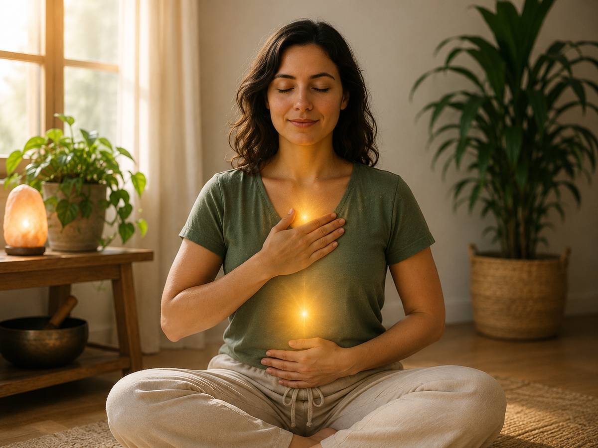 Reiki practitioner meditating and feeling healing energy through the body while learning to channel Reiki rather than mentally force the experience.