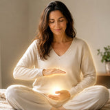 Person gently channeling Reiki toward a specific area of the body while surrounded by soft healing light.