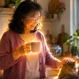 Woman channeling Reiki into her morning tea as part of an everyday self-healing Reiki practice.