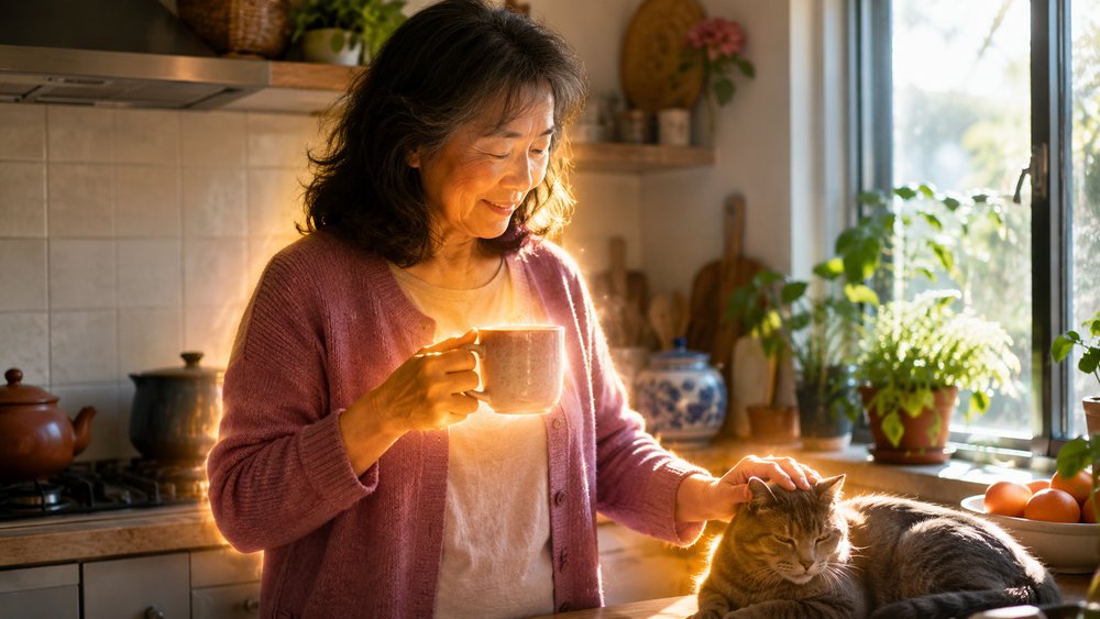 Woman channeling Reiki into her morning tea as part of an everyday self-healing Reiki practice.