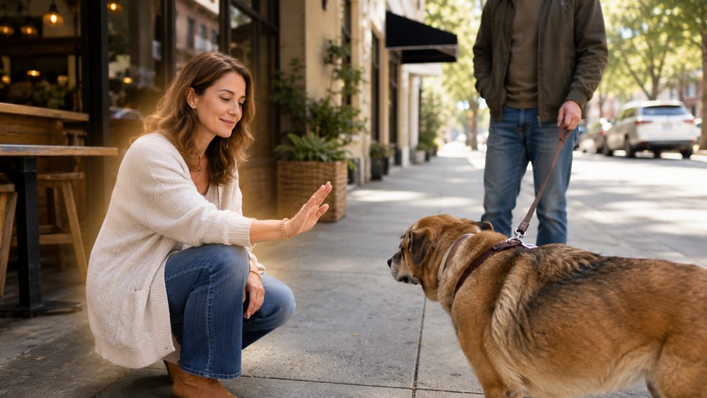 Calm person maintaining compassionate, centered energy during a tense interaction involving a dog and its owner.