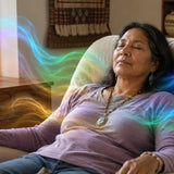 Woman with eyes closed experiencing vivid ethereal colors during a peaceful Reiki or relaxation session.