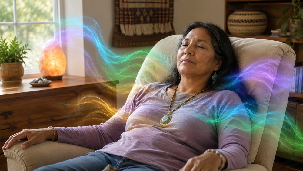 Woman with eyes closed experiencing vivid ethereal colors during a peaceful Reiki or relaxation session.